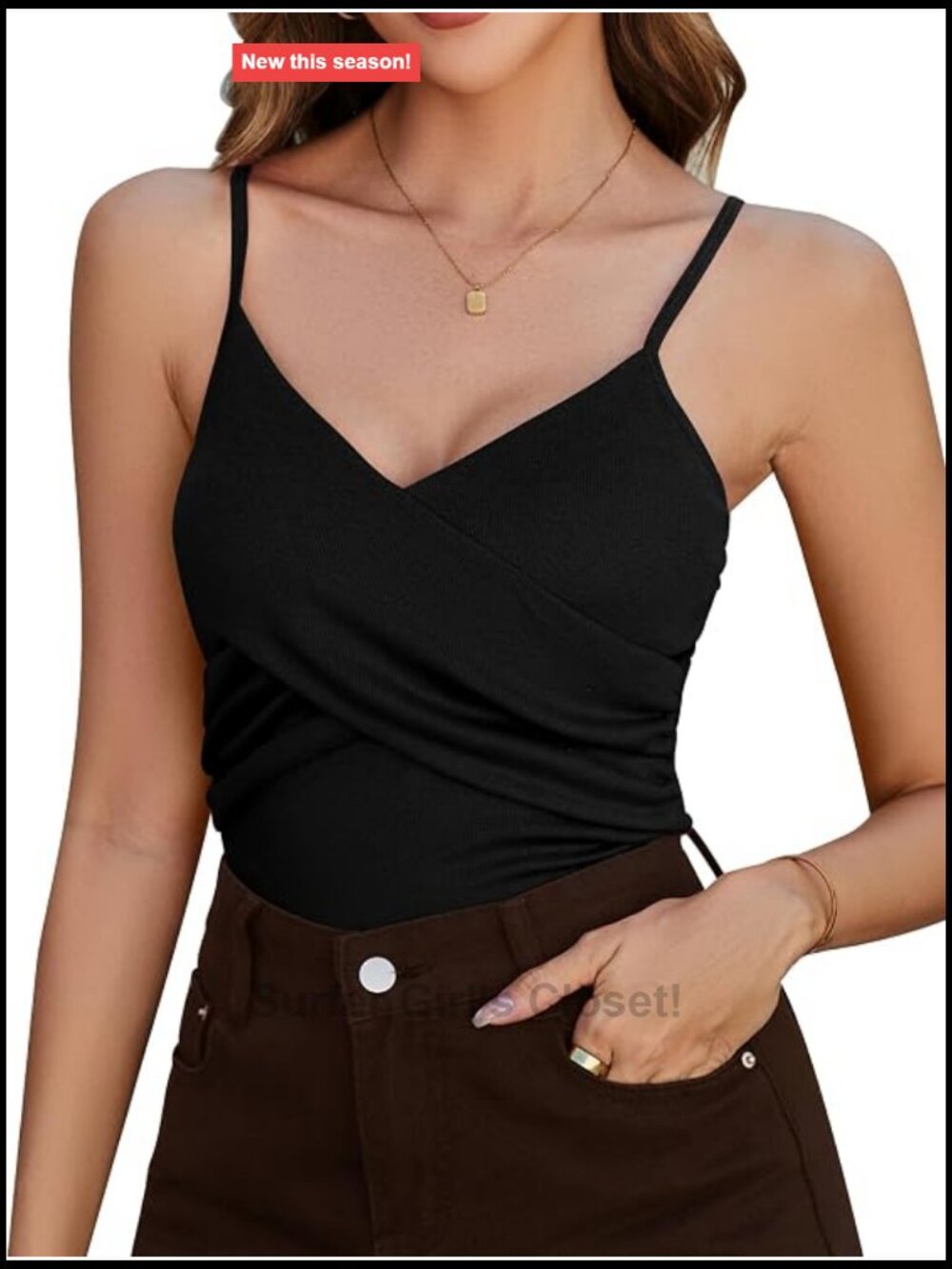 Women's V-Neck Ribbed Cotton Wrap Tank Top Adjustable Straps - Pafnny
